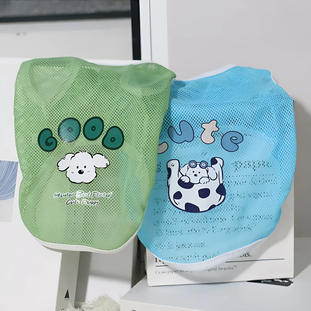 Spring and summer grid cartoon printed polyester pet vest in blue with chest measurement details
