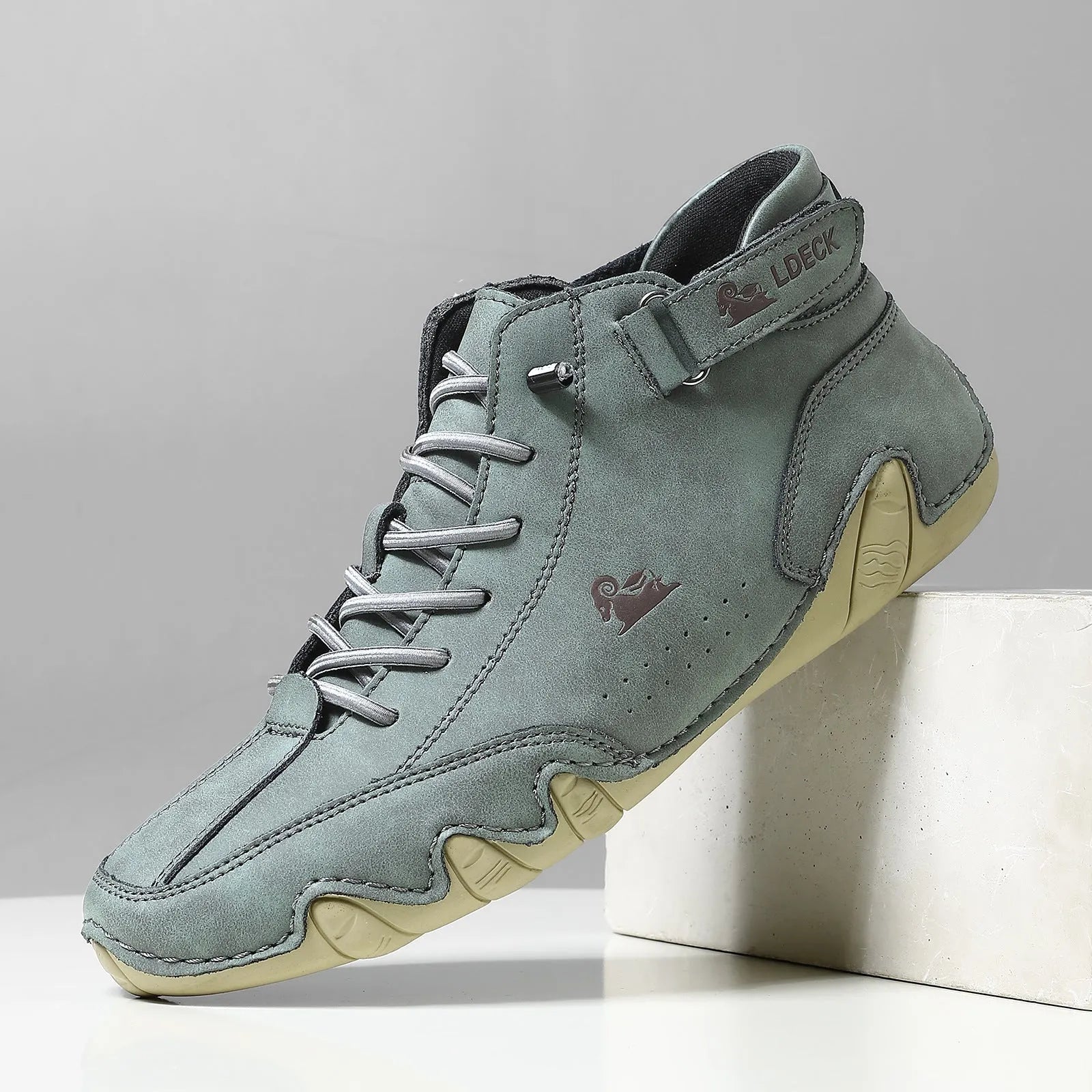High top men's casual shoes in khaki colour with microfiber upper and rubber sole