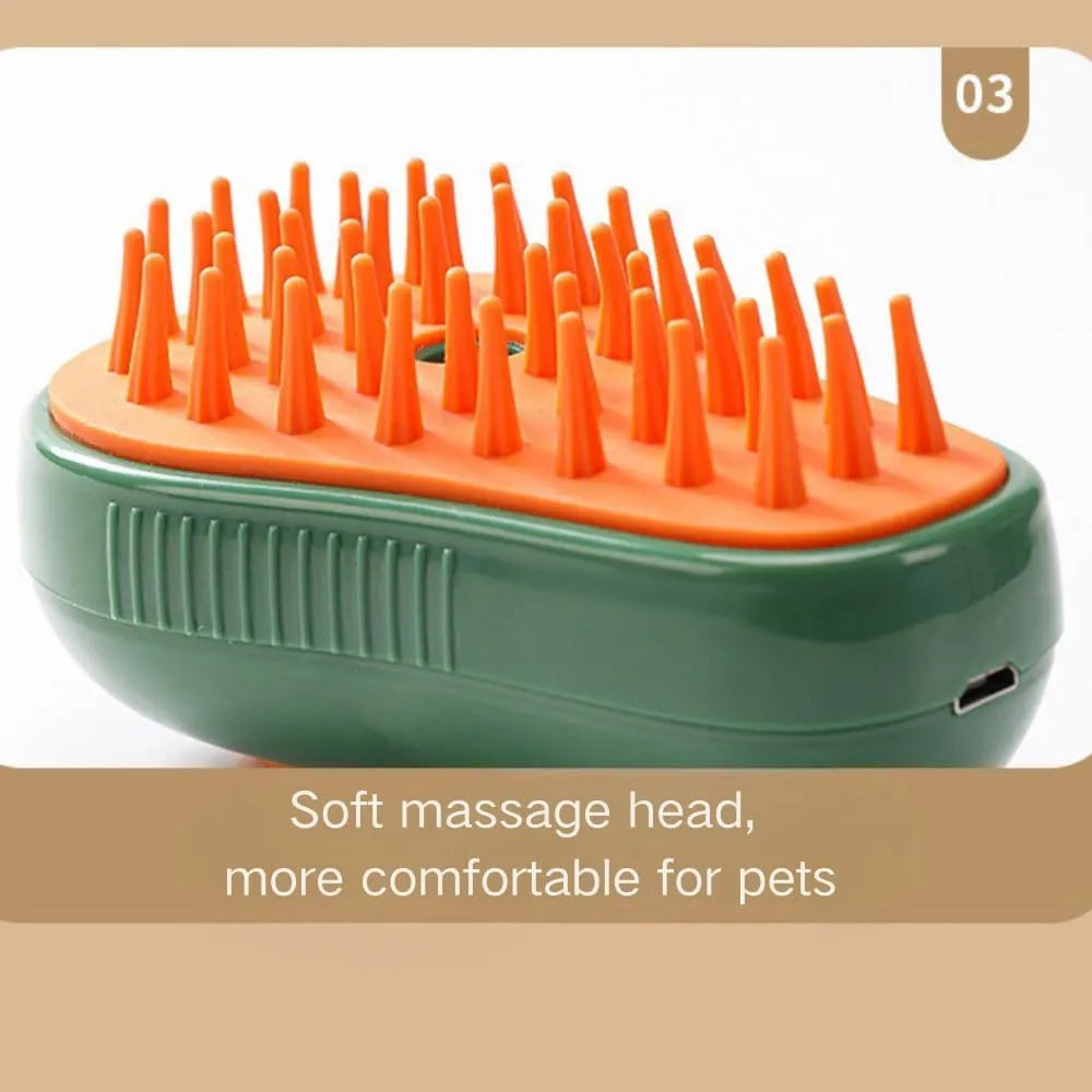 Green and white cat steam brush with water spray function and soft silicone teeth for pet grooming