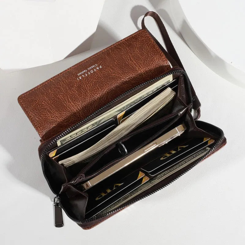 Men's black and brown PU wallet showing multiple card slots and cash compartment, closed.