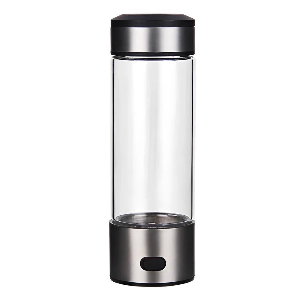 Silver hydrogen water generator bottle with 420ml capacity, high borosilicate glass body and USB charging port