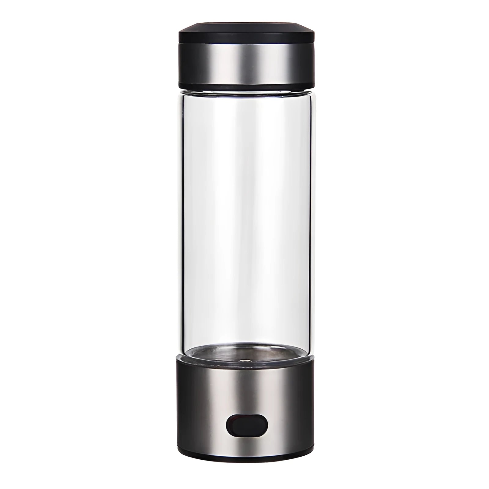 Silver hydrogen water generator bottle with 420ml capacity, high borosilicate glass body and USB charging port