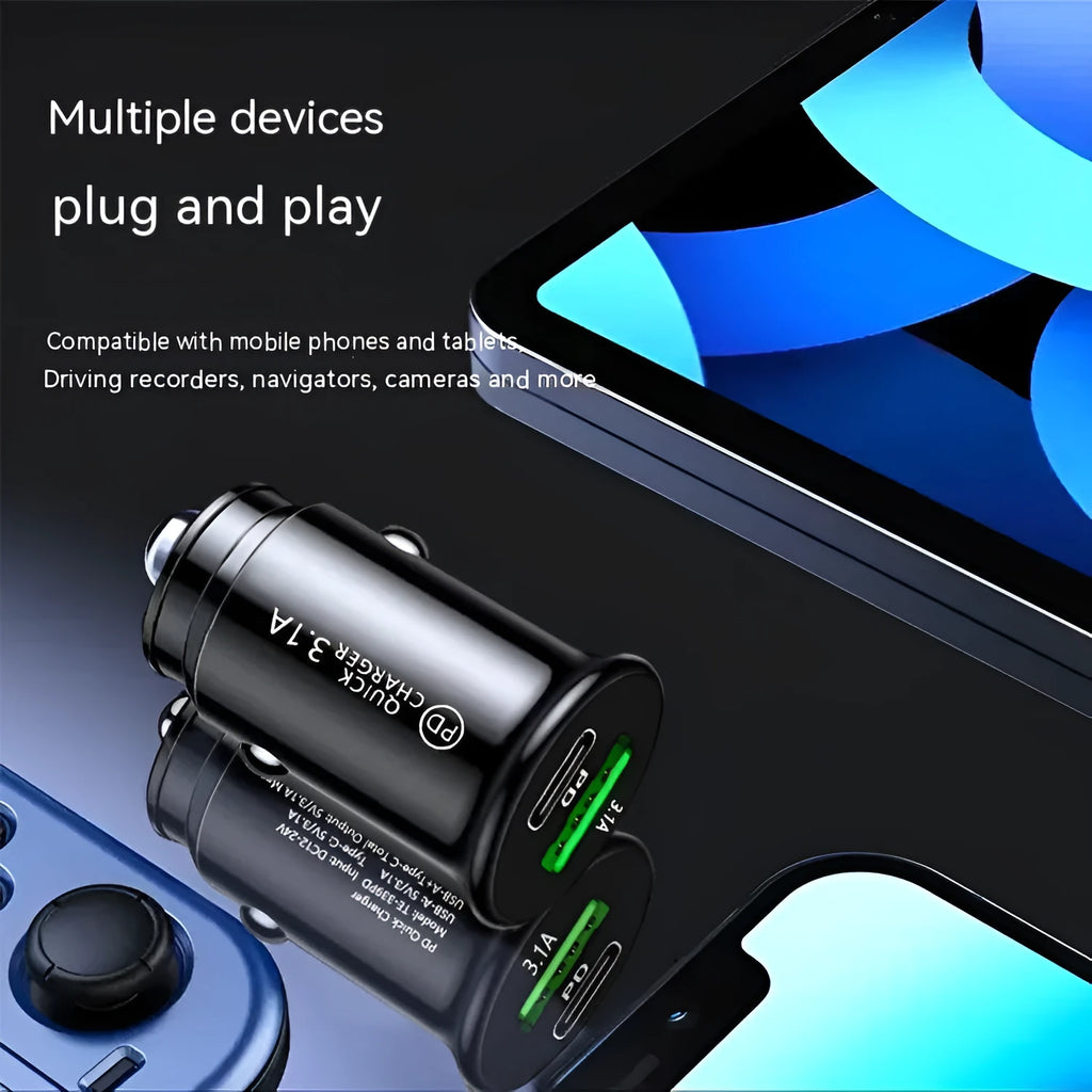 Black dual port car charger inserted in vehicle 12V socket with two USB cables connected