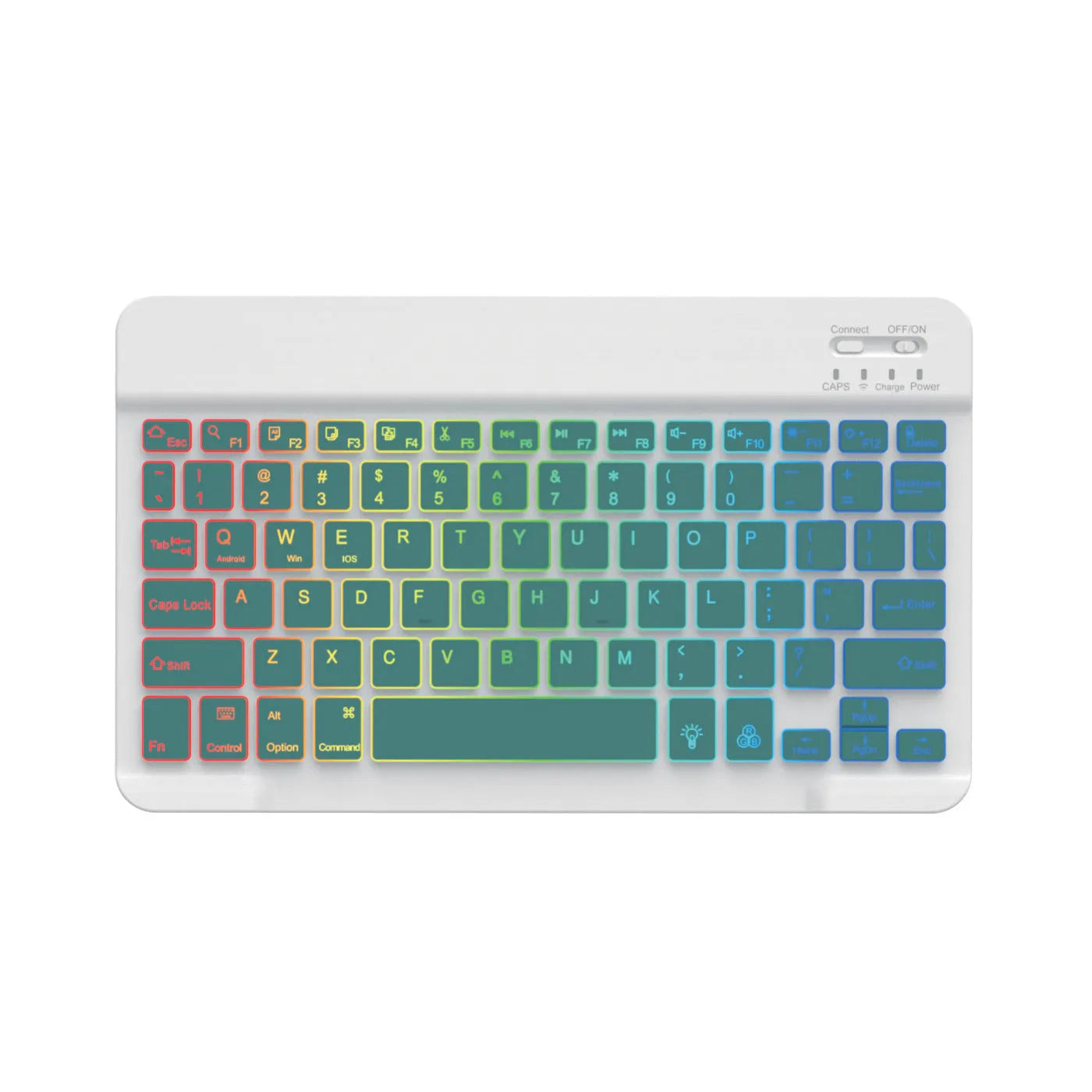 A 10-inch black Bluetooth keyboard with multi-colour LED backlit keys on a desk next to a tablet.