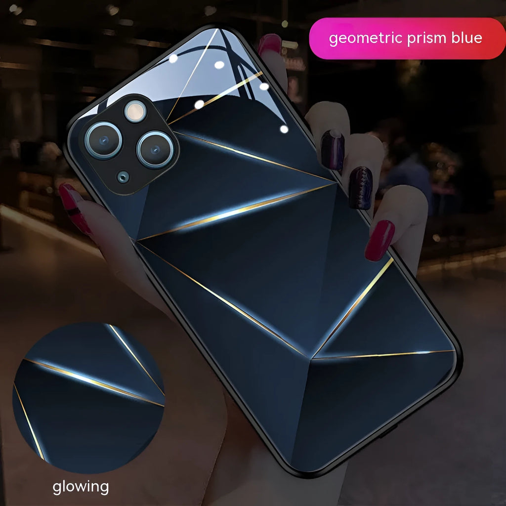 Geometric prism luminous tempered glass phone case for iPhone 15 14 13 12 11 in black colour