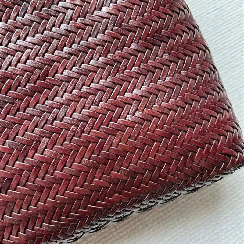 Brown woven tote shoulder bag with three-dimensional pocket made from first layer cowhide leather