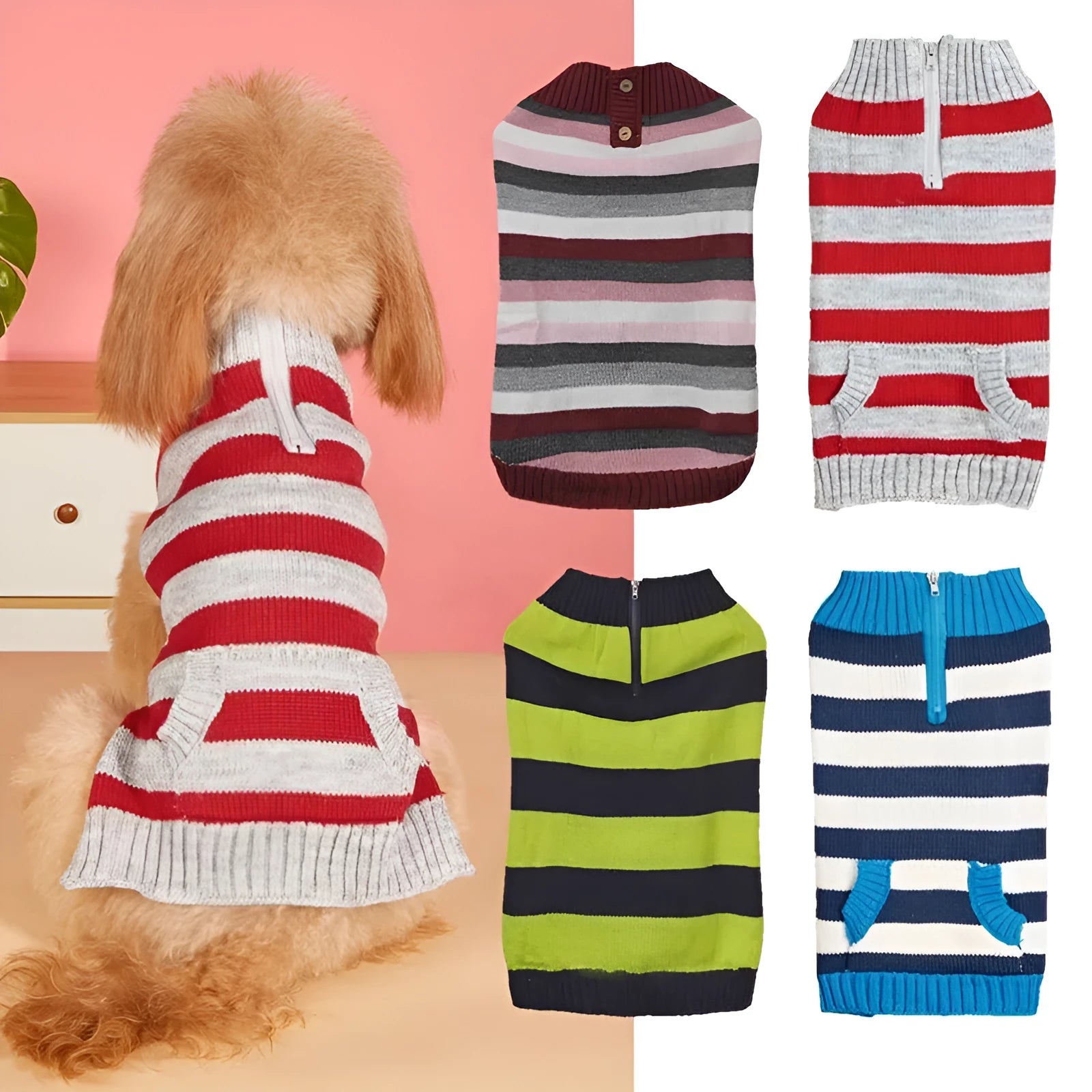 Grey dog sweater with horizontal zipper and button pocket on a small dog