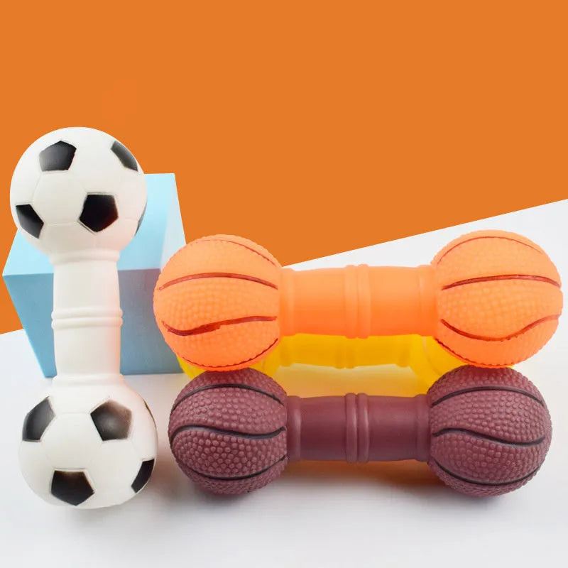 Brown, orange, white and yellow football dumbbell shaped squeaky dog chew toy.