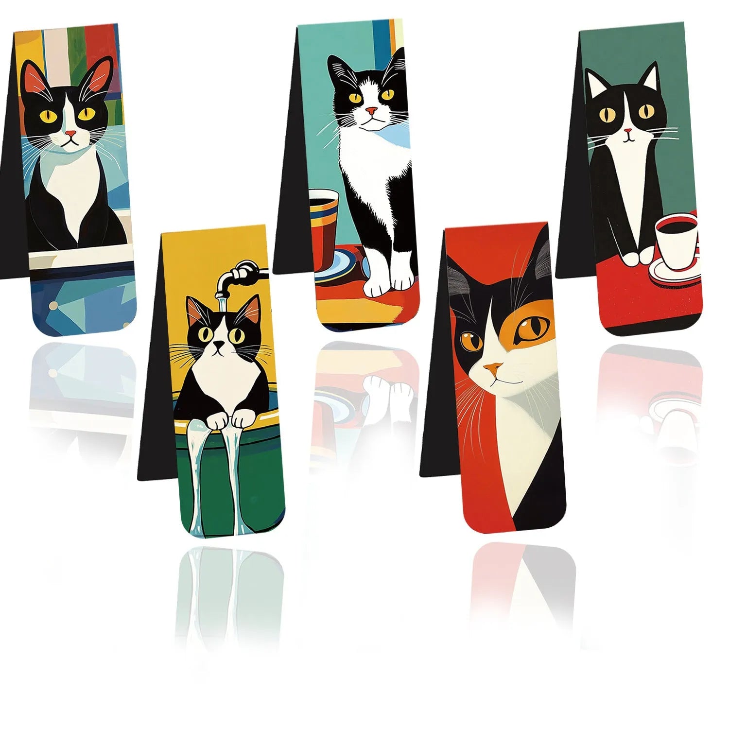 Set of 5 magnetic bookmarks with simple cute cat designs on a book page