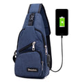 Men's small Oxford cloth single shoulder messenger bag with zipper closure, square vertical section, in blue