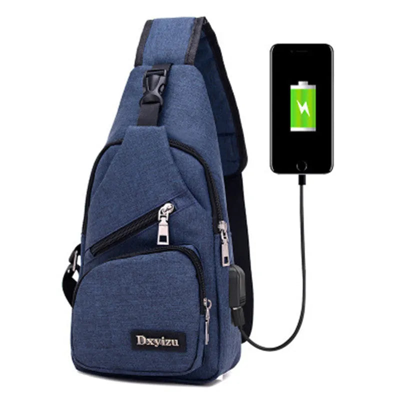 Men's small Oxford cloth single shoulder messenger bag with zipper closure, square vertical section, in blue