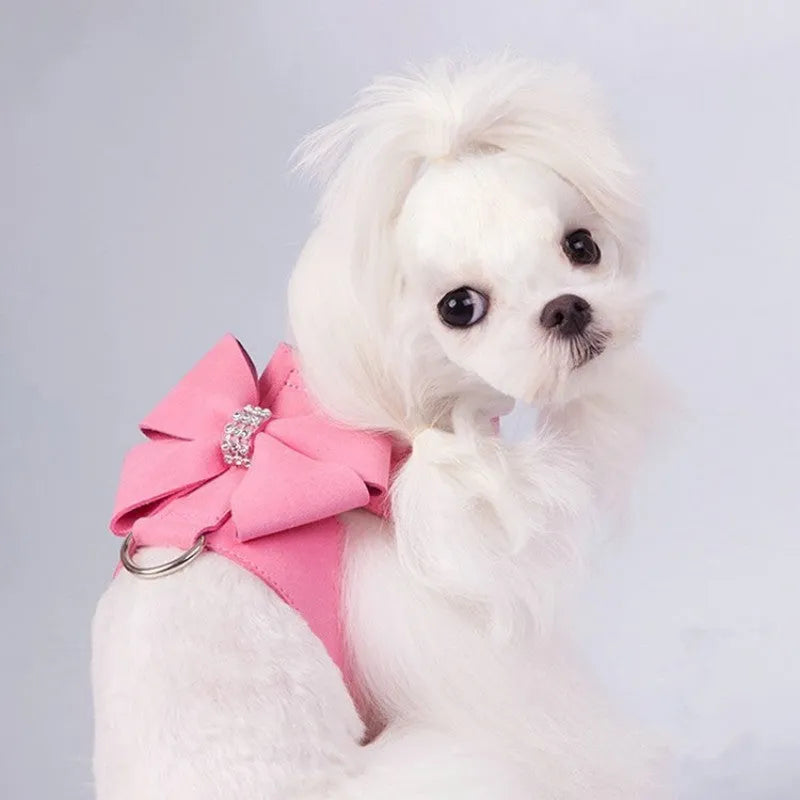 Cute fashion bowknot puppy chest strap in microfiber available in pink, blue and orange colours