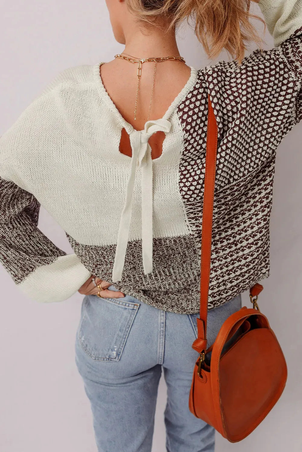 Dark khaki colour block loose sweater with drop shoulders and back tie detail