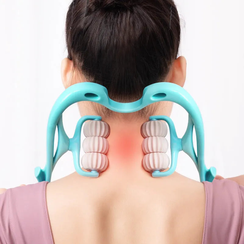 Blue plastic manual massager with six rotating wheels for neck, shoulder, and waist