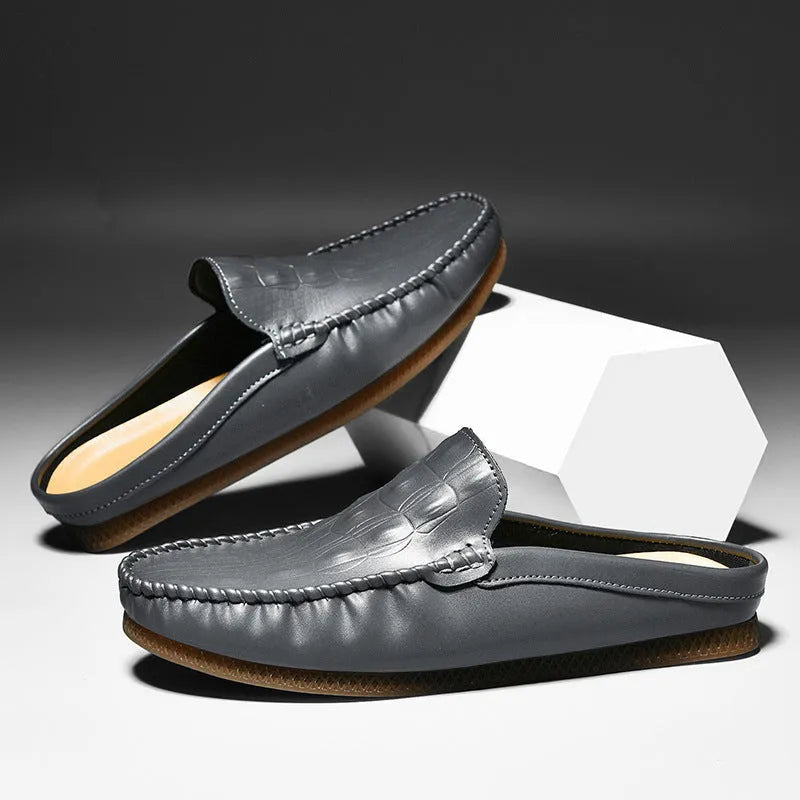 Men's black breathable semi-slippers with an artificial PU upper and rubber sole, shown from the side.