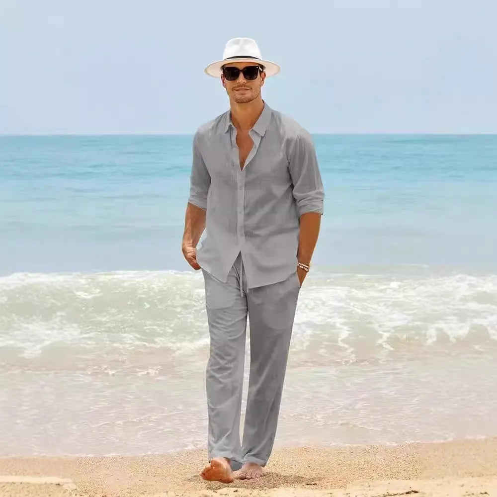 Men's cotton casual set with long-sleeved top and trousers in black white gray khaki sky blue sizes S to XXXL