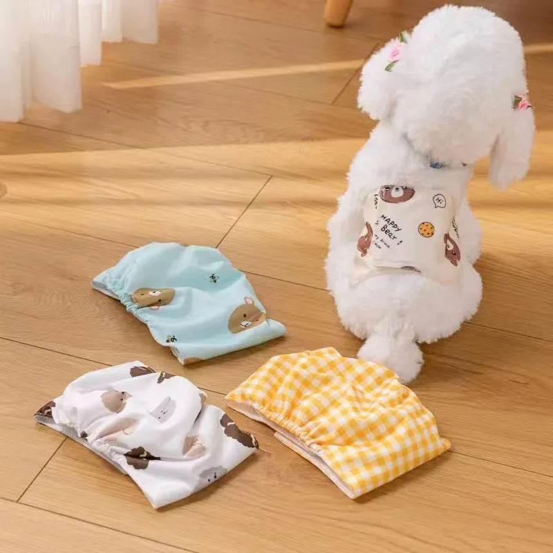 Reusable male dog diaper belly band with cartoon paw print design and elastic waistband