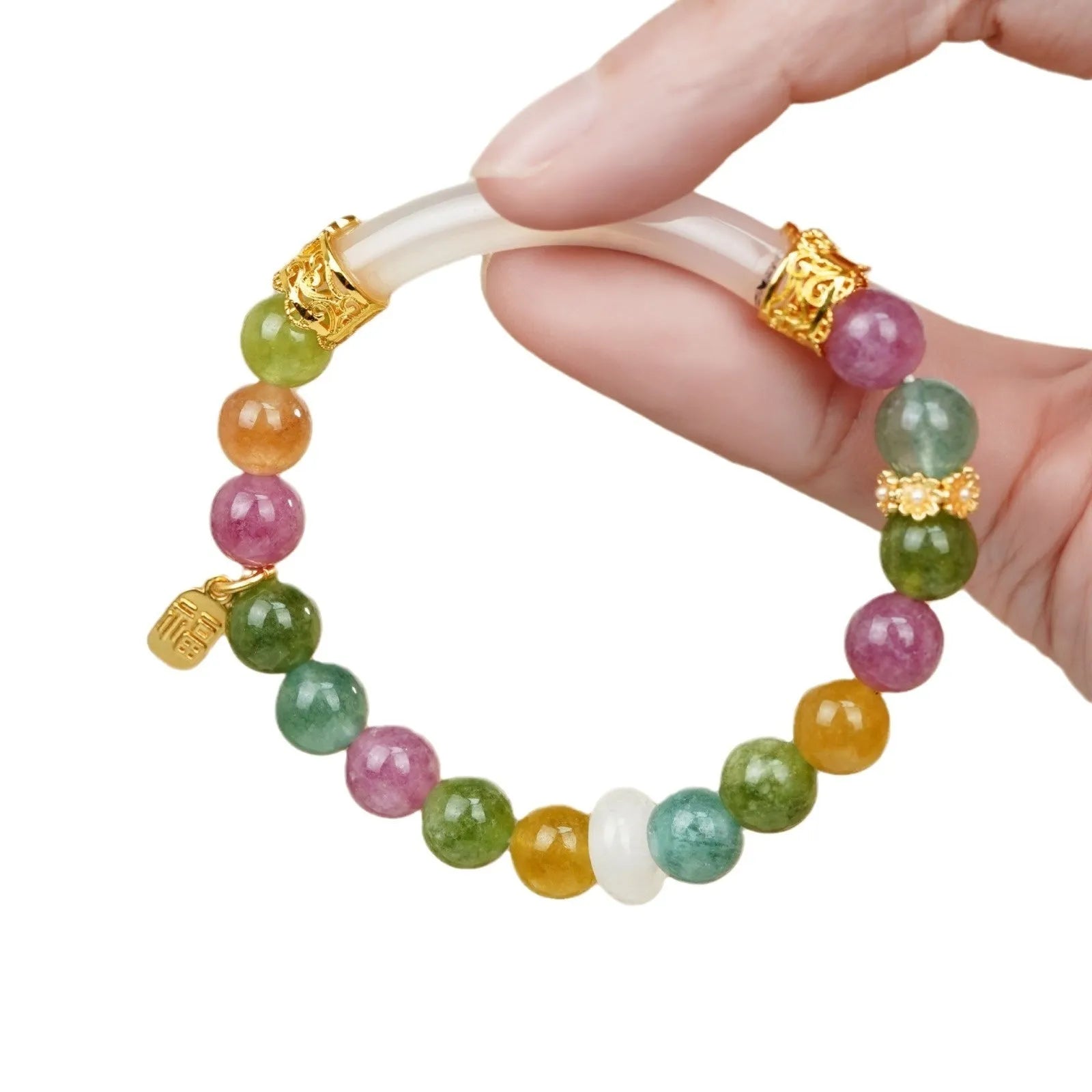 Rainbow tourmaline half bracelet for women with electroplated finish and sweet cool style