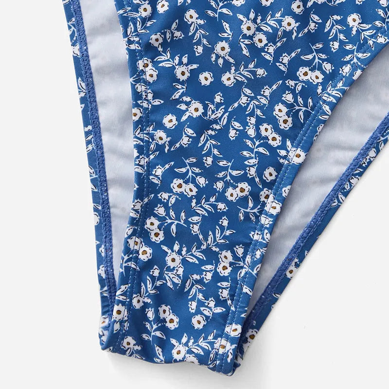 Blue three-piece swimsuit set without steel rings showing separate top and shorts pieces
