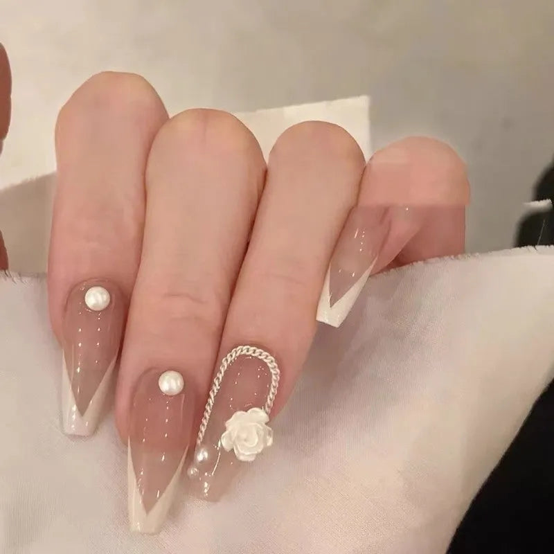 Set of French camellia press-on false nails in trapezoid shape, available in XS S M L sizes