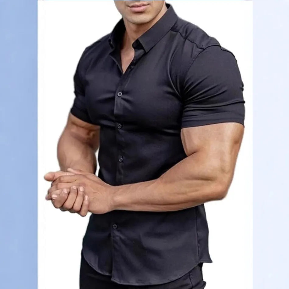 Men's printed short sleeve casual shirt with collar in multiple colour options showing cardigan style