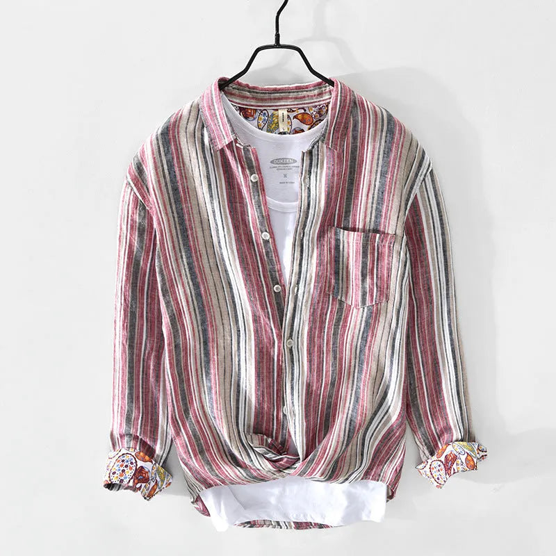 Men's striped linen casual shirt with long sleeves shown in loose fit grey and red colour options