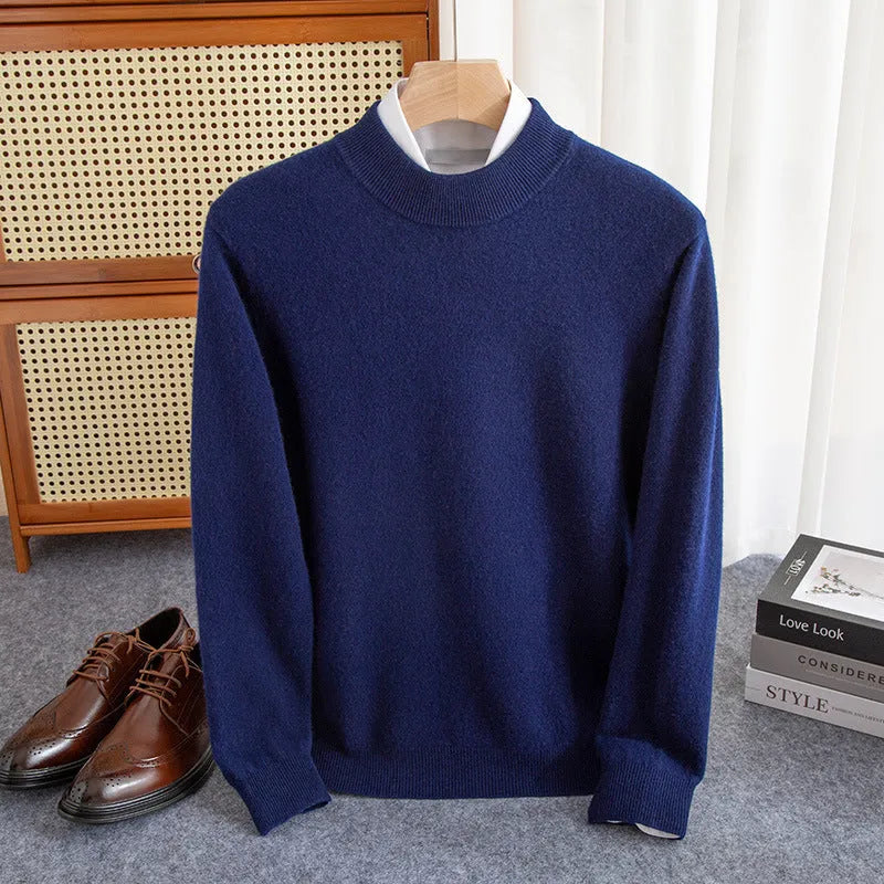 Man wearing a loose-fit half-collar wool sweater in a camel colour, suitable for winter casual wear.