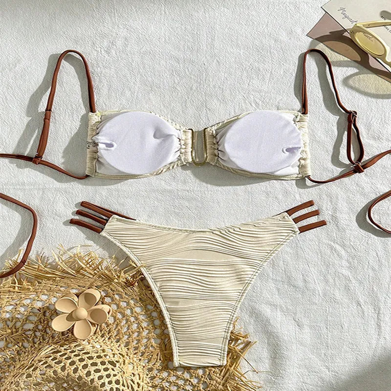 Women's fashion striped three-point polyester bikini set in khaki for beach and hot spring use