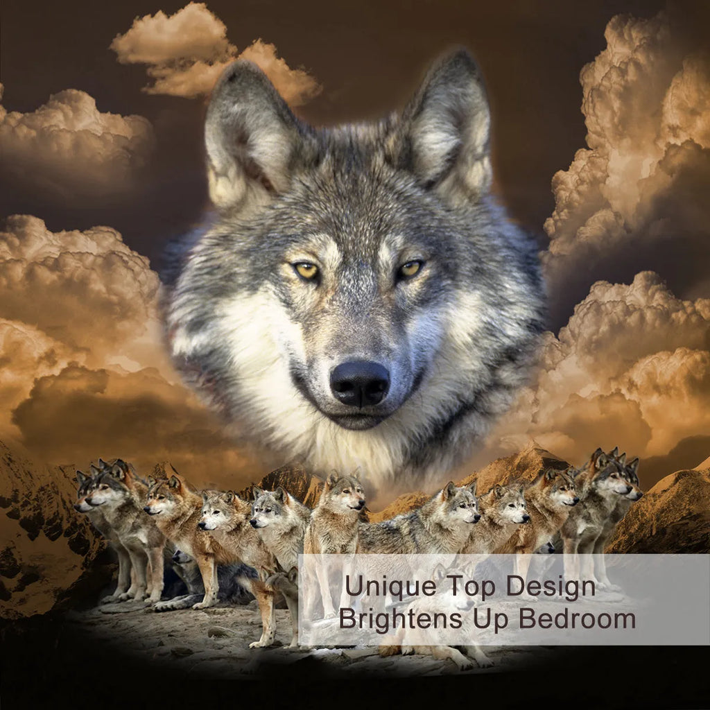 Brown 3D printed wolf pack duvet set with two pillow shams on a bed