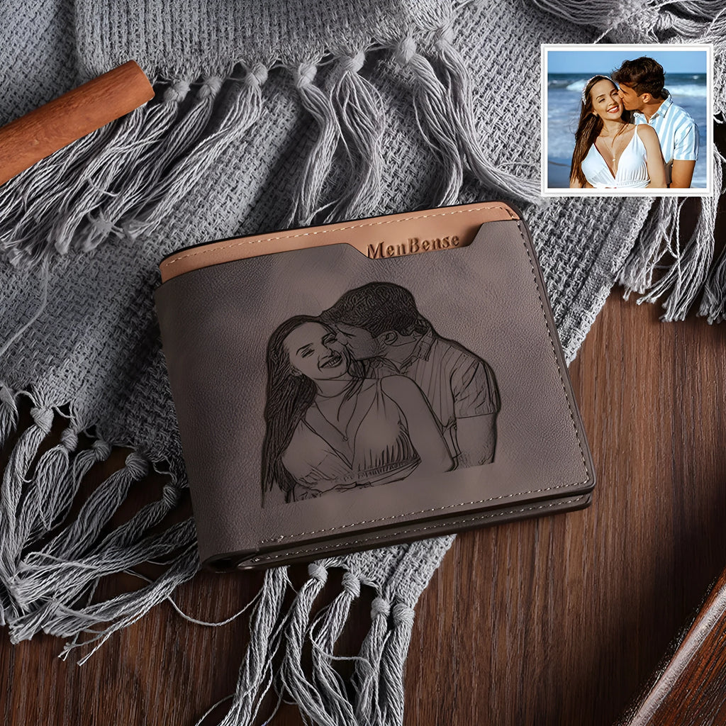 Coffee coloured engraved horizontal short wallet for men with personalised photo etching.