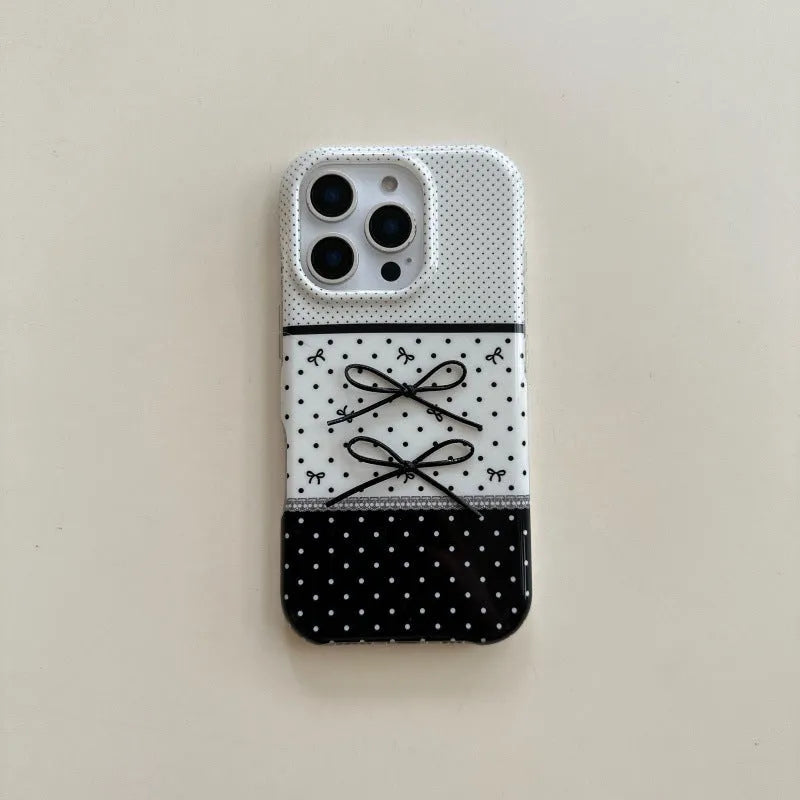Black and white polka dot stitching stereo bow silicone phone case for iPhone