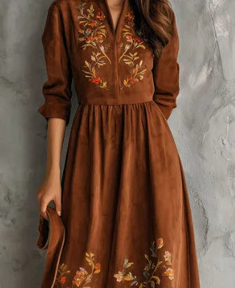 Brown polyester midi dress with vintage floral embroidery and a relaxed leisure fit.