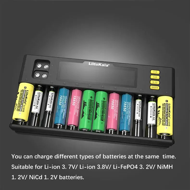 LiitoKala Lii-S12 12-slot LCD battery charger black with 12 batteries inserted on display