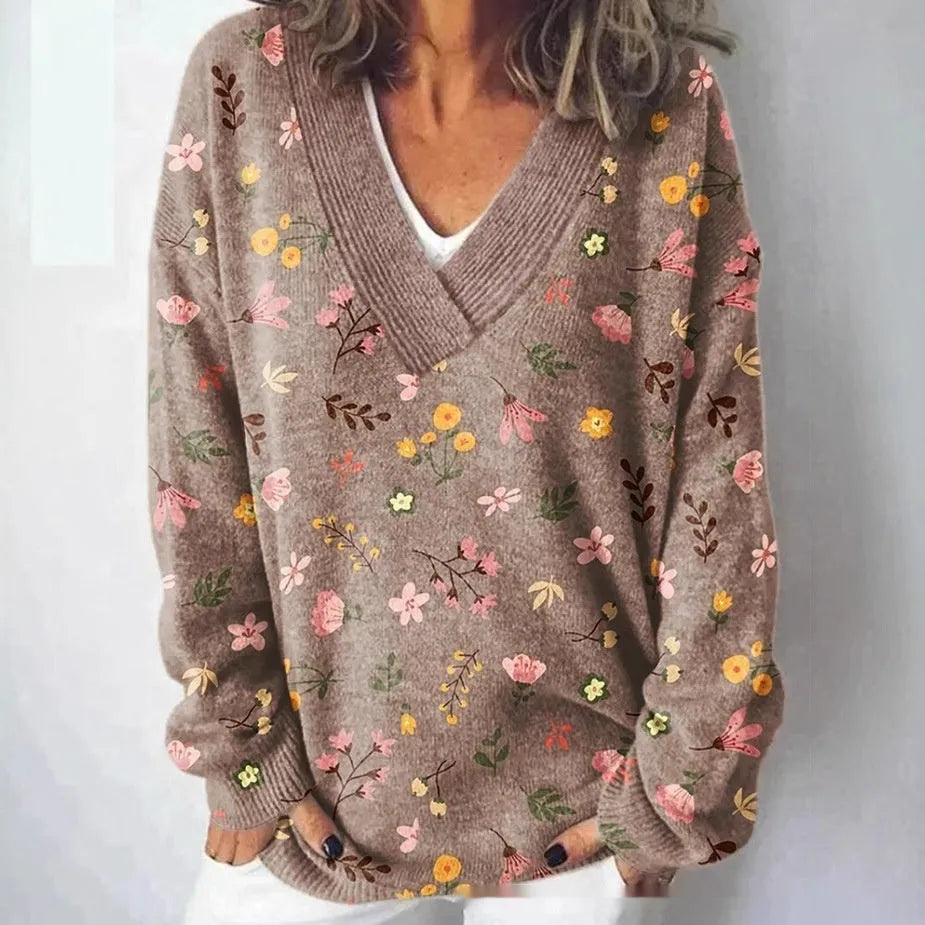 Women's V-neck floral pattern printed sweatshirt with 3D effect and long sleeves