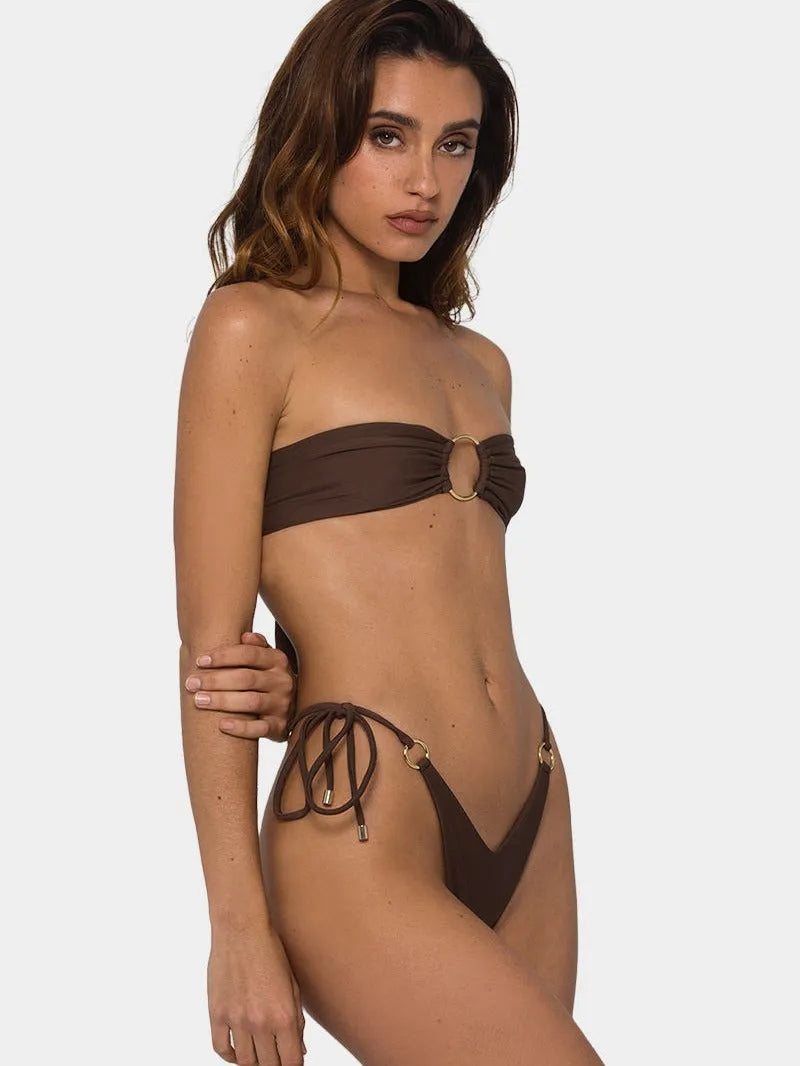 Brown women's push-up tube top bikini swimsuit with split design and ring tether detailing