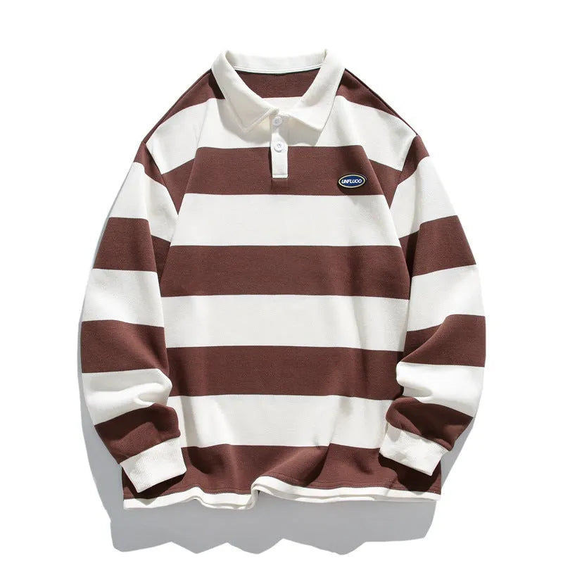 Striped pearl cotton polo shirt with lapel collar in loose fit for autumn wear