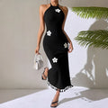 Slim fit long flower small turtleneck dress in black with high-waist hip skirt