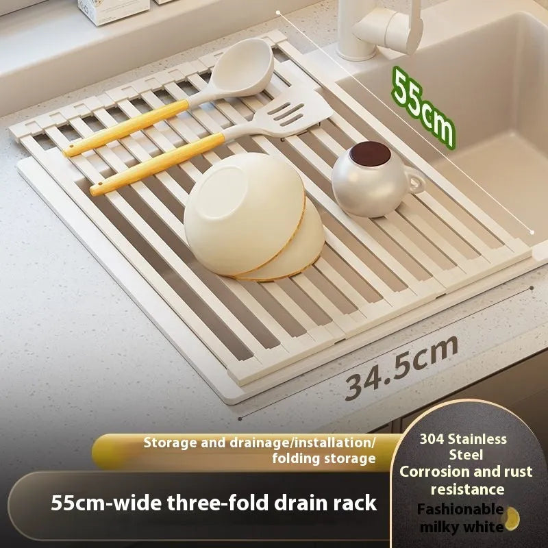 Foldable milky white stainless steel kitchen draining rack showing tri-fold design
