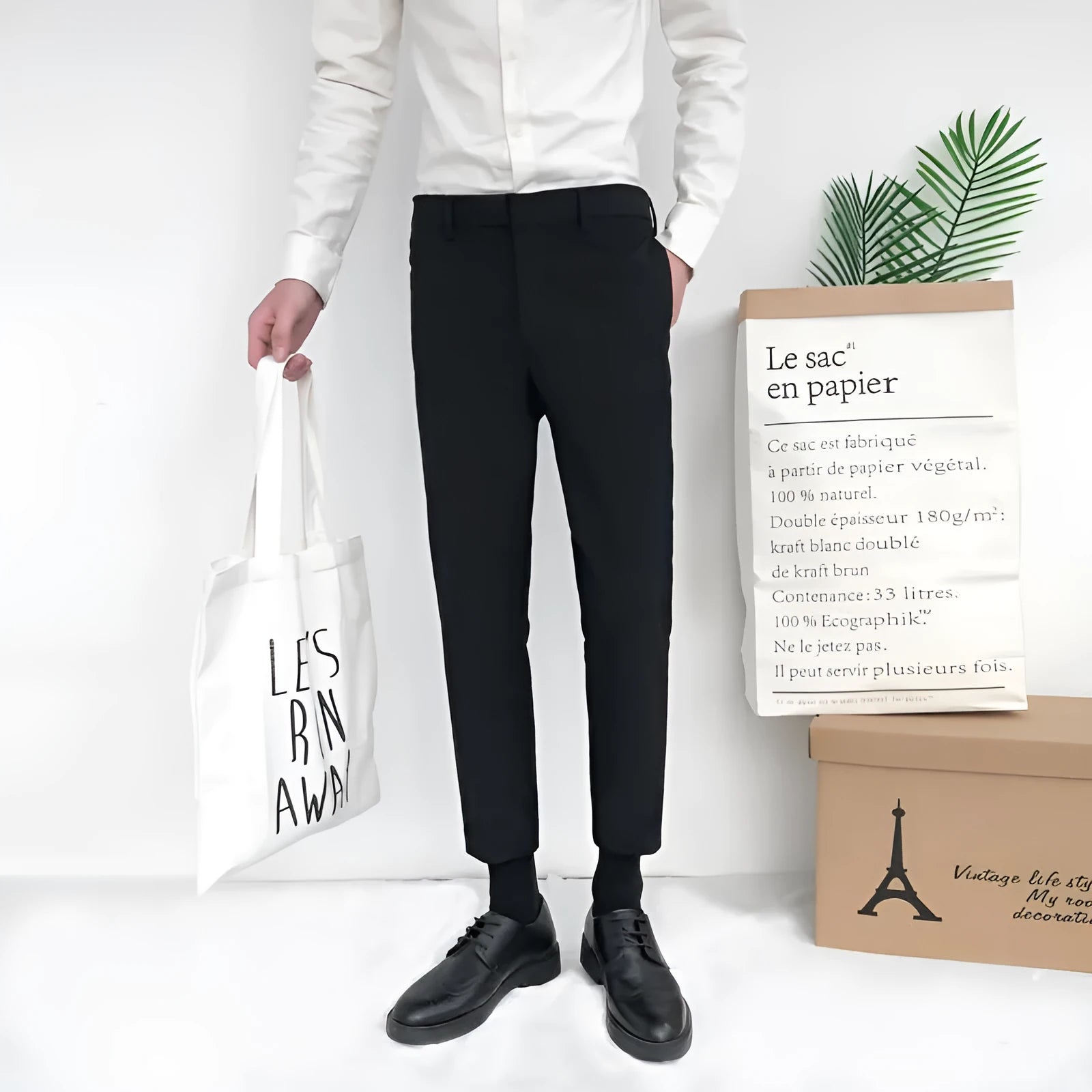 Men's straight-leg cotton trousers in khaki with drawstring waist, Korean-style fold craft, available in sizes 28-34