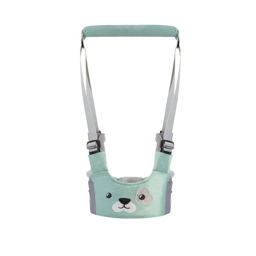 Baby walking harness belt with adjustable straps and removable crotch support in blue colour