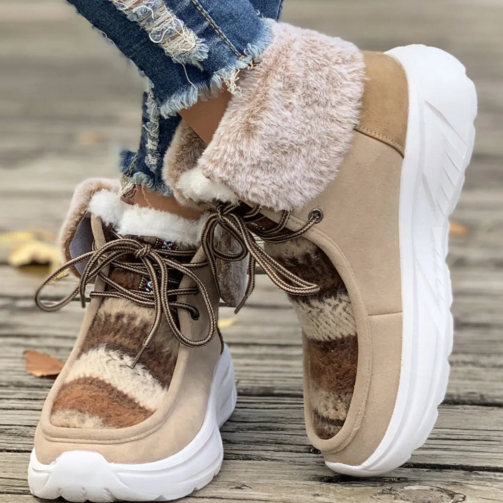 Women's lace-up snow boots in beige with thermal plush lining and rubber soles