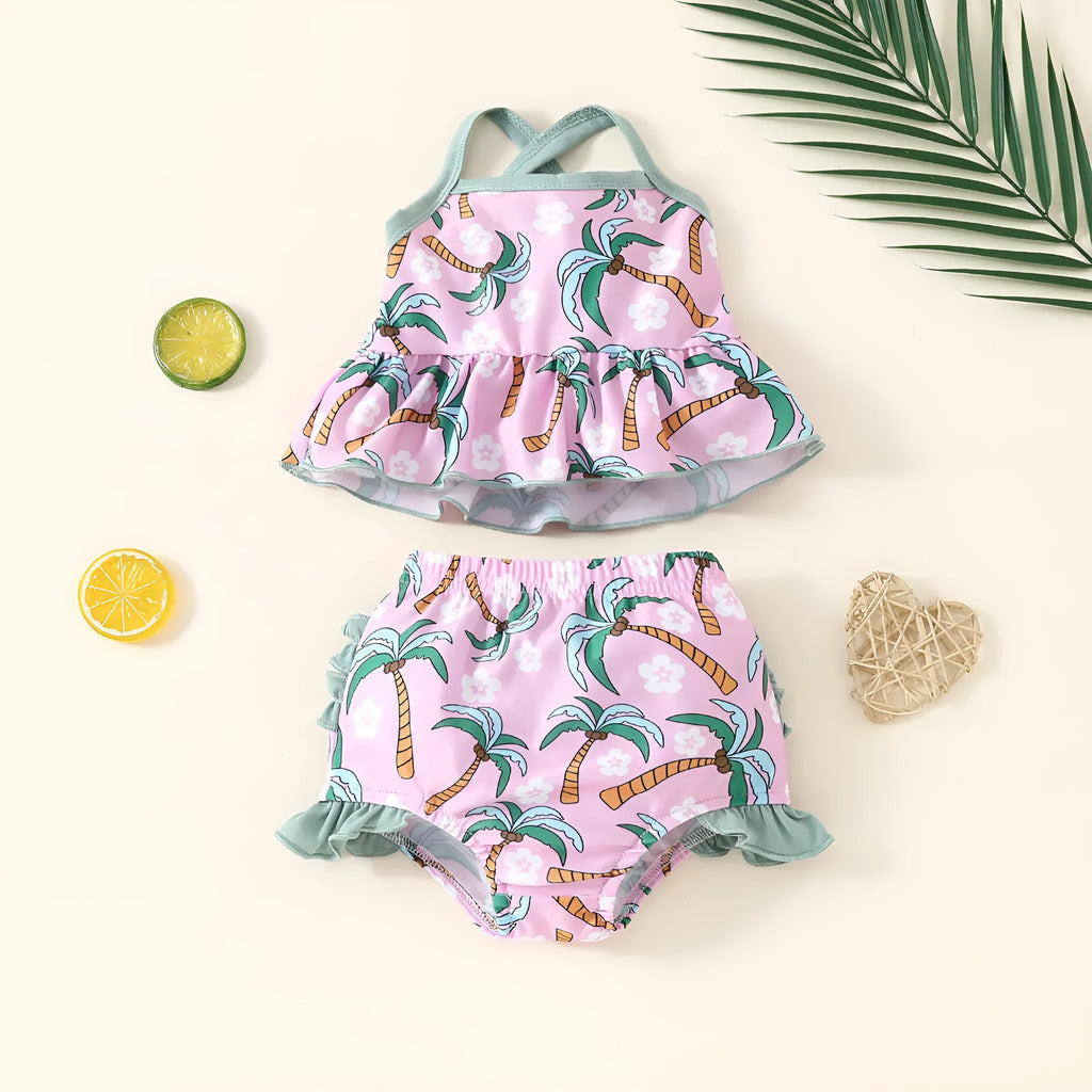 White children's two-piece swimsuit set with shirt and beach shorts on hanger