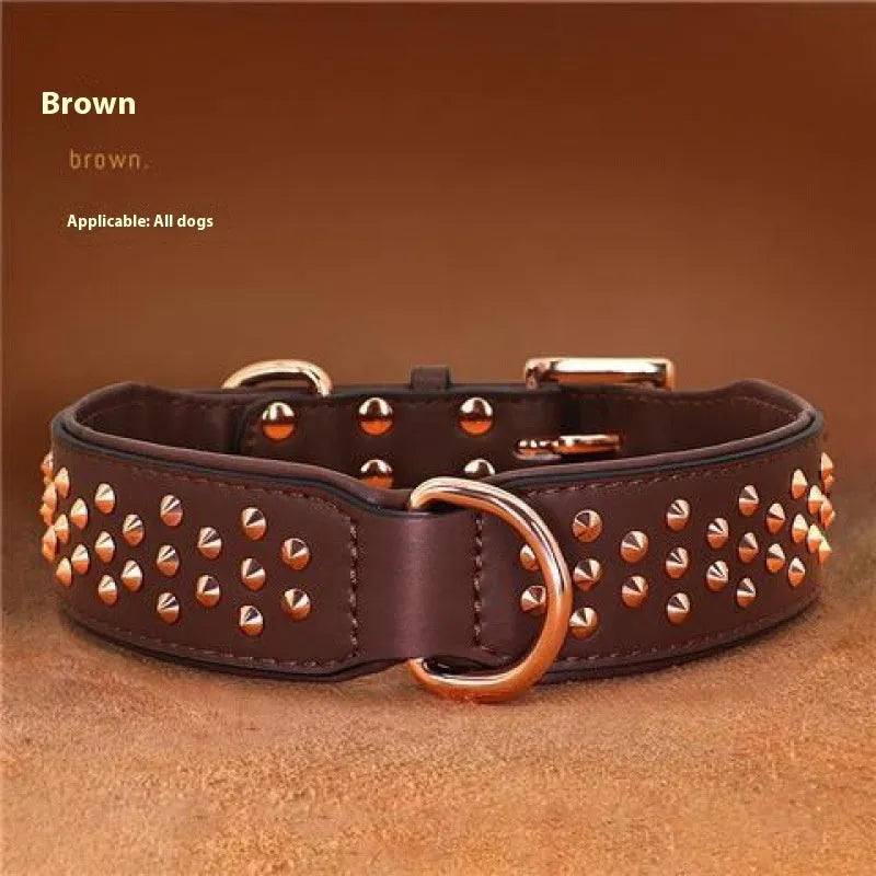 Leather dog collar with metal rivets, adjustable buckle, and D-ring in black, chocolate, or pink.