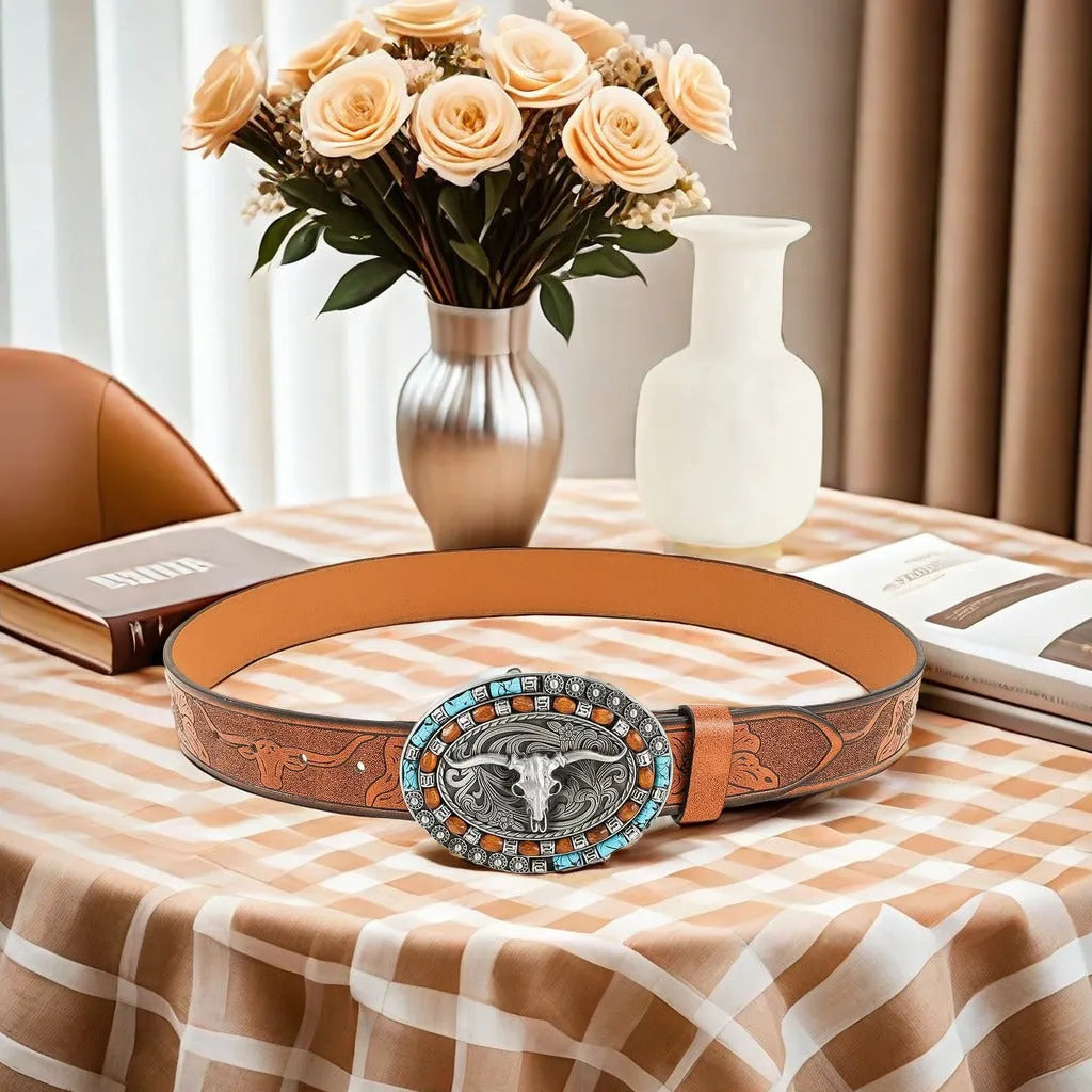Men's brown imitation leather belt with a detailed metal cow head buckle and pin clasp.