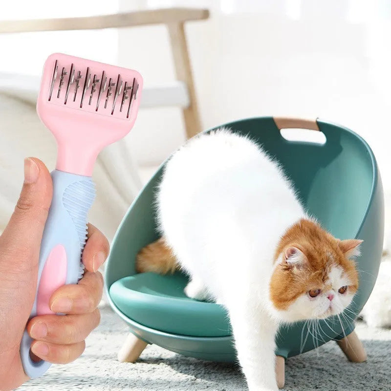 Pink stainless steel pet grooming comb with knot knife edge and four rows of massage pins