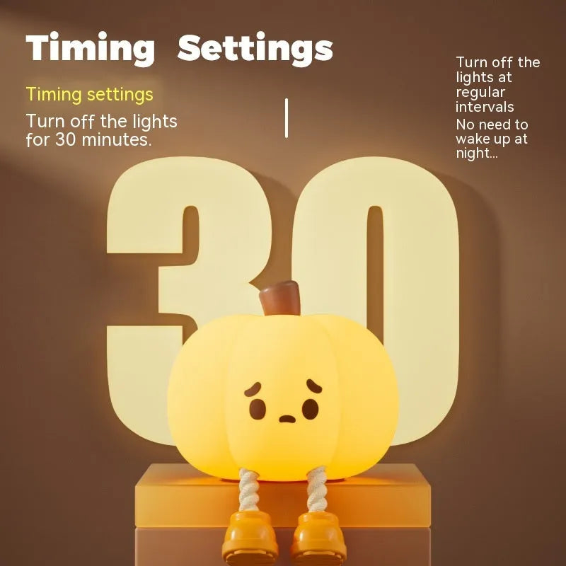 Pumpkin-shaped small night lamp in orange silicone with racket style design on table