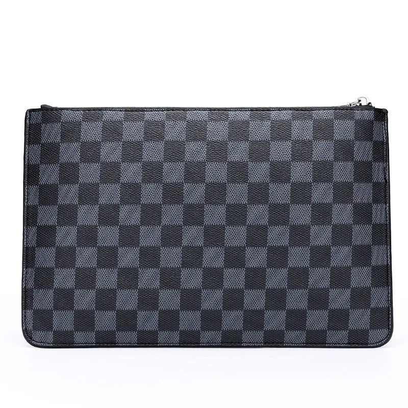 Men's soft PU leather clutch wallet showing card slots and zipper pocket in checkered pattern
