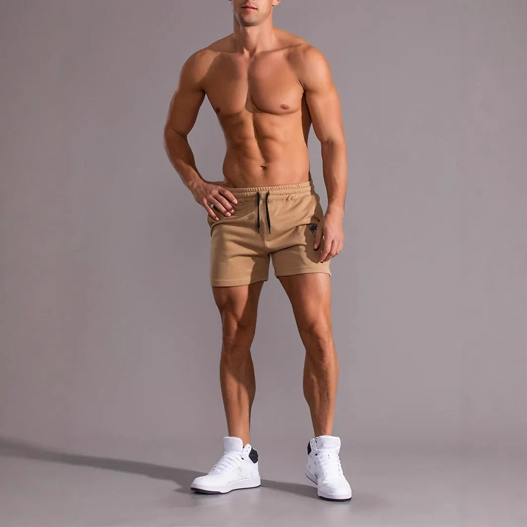Men's khaki coconut print sports shorts with straight fit and micro elastic polyester fabric