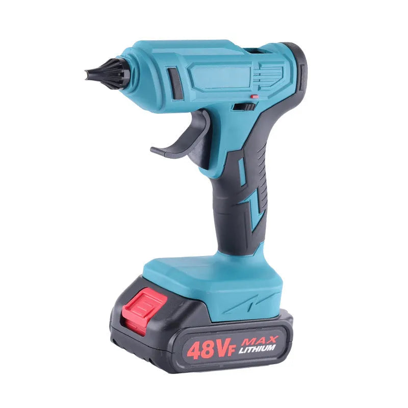 Cordless lithium hot melt glue gun with two batteries and 11mm glue sticks