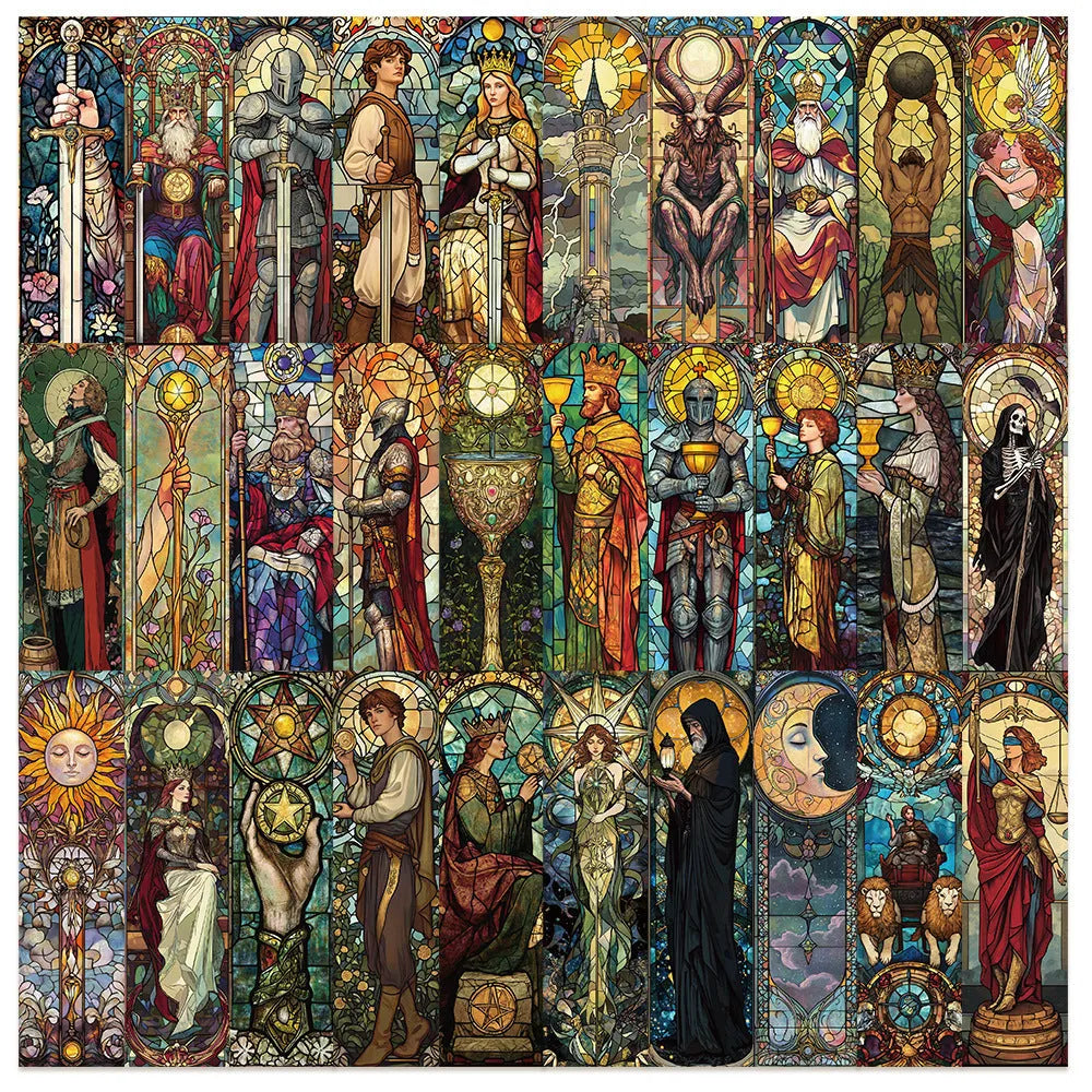 Pack of 30 paper tarot bookmarks with painted glass card illustrations.